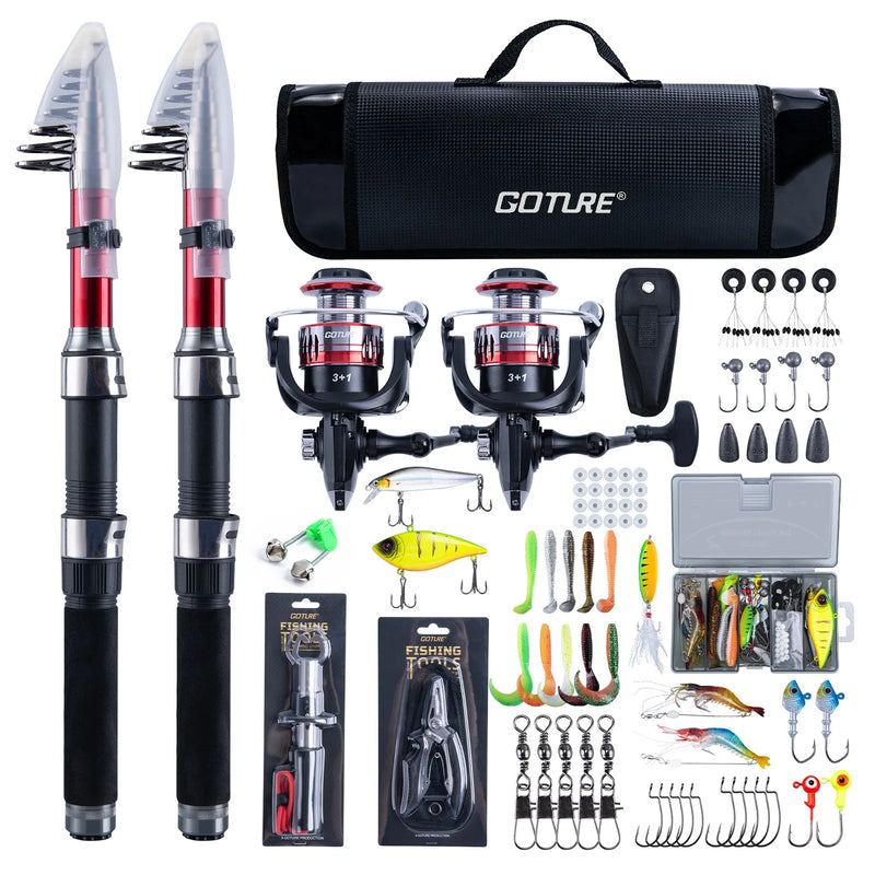 Goture Portable Carbon Fiber Fishing Rod Spinning Reel Combo Full Tackle Kit 66pcs Lures Hooks Fishing Line Plier Gripper Tackle
