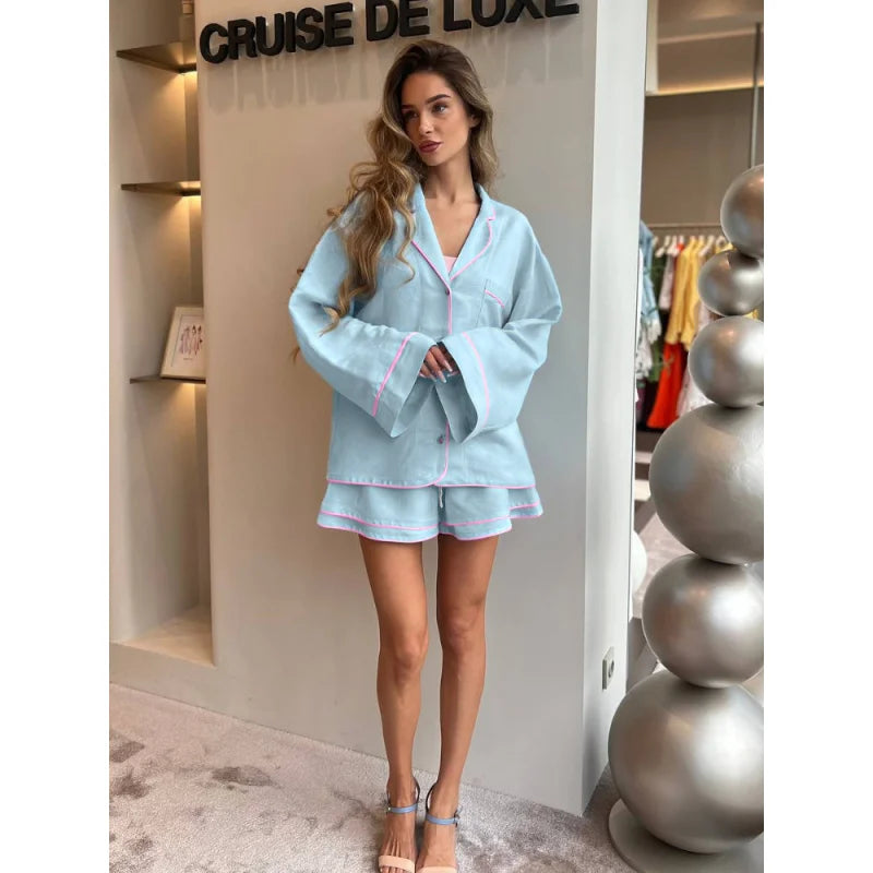 Spring Summer Collection Women's Pure Cotton Loose Fit Long Sleeve Cardigan Shorts Pajama Set Comfortable Loungewear Outdoor