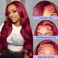 34 Inch 99J Burgundy Body Wave 13x4 HD Transparent Lace Frontal Wig Human Hair Pre Plucked Baby Hair Cuticle Aligned Colored Wig For Black Women