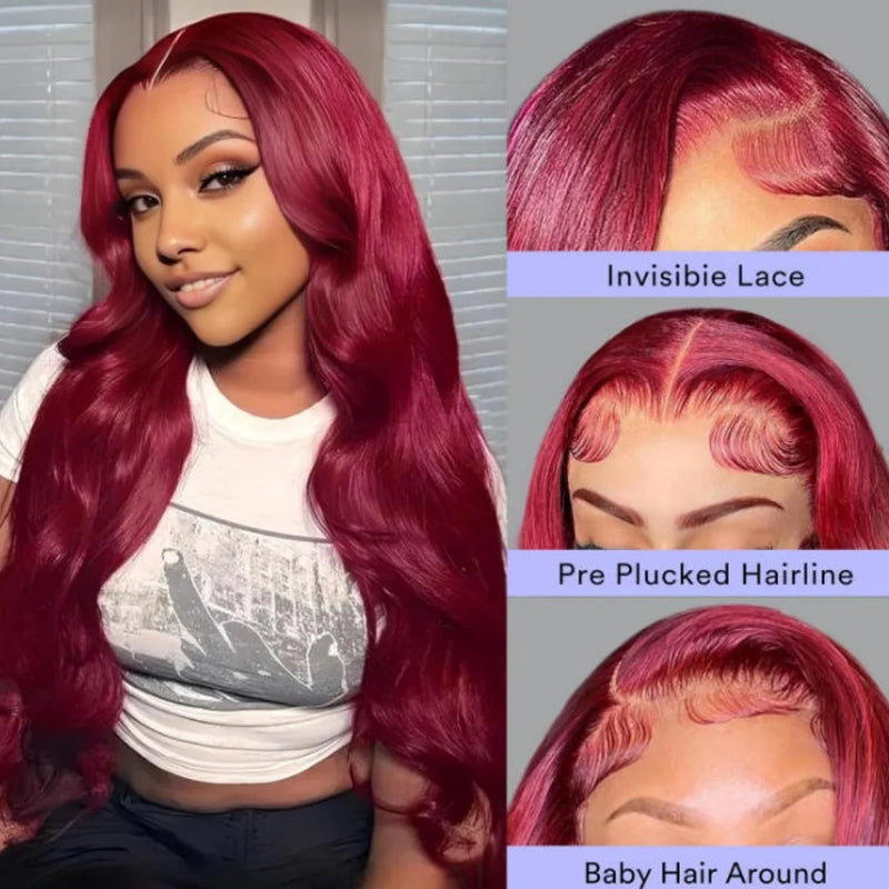 34 Inch 99J Burgundy Body Wave 13x4 HD Transparent Lace Frontal Wig Human Hair Pre Plucked Baby Hair Cuticle Aligned Colored Wig For Black Women