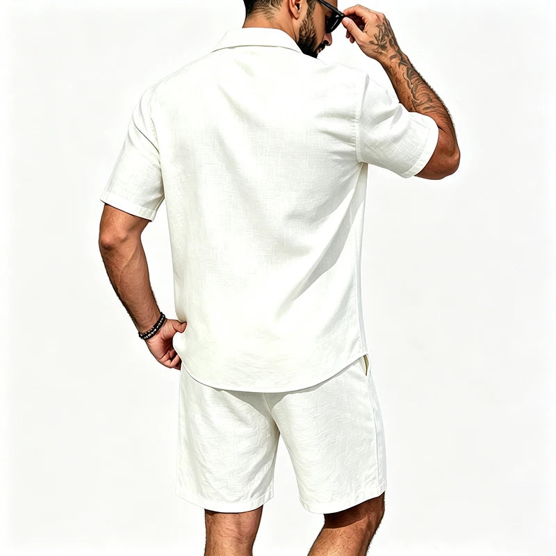 Men Linen Two Piece Outfit Short Sleeve Lapel Button | SAMAG