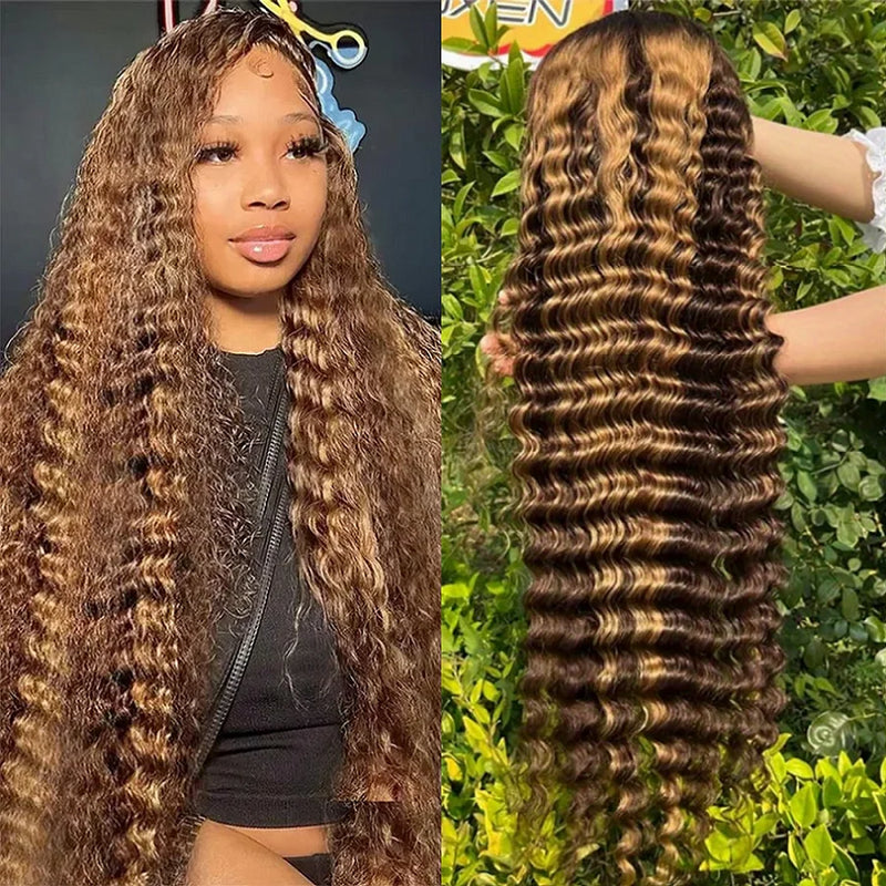 Honey Blonde Ombre Highlight Body Wave Lace Front Human Hair Wigs Pre Plucked Glueless Straight Deep Wave Frontal Wigs For Woman On Clearance Sale