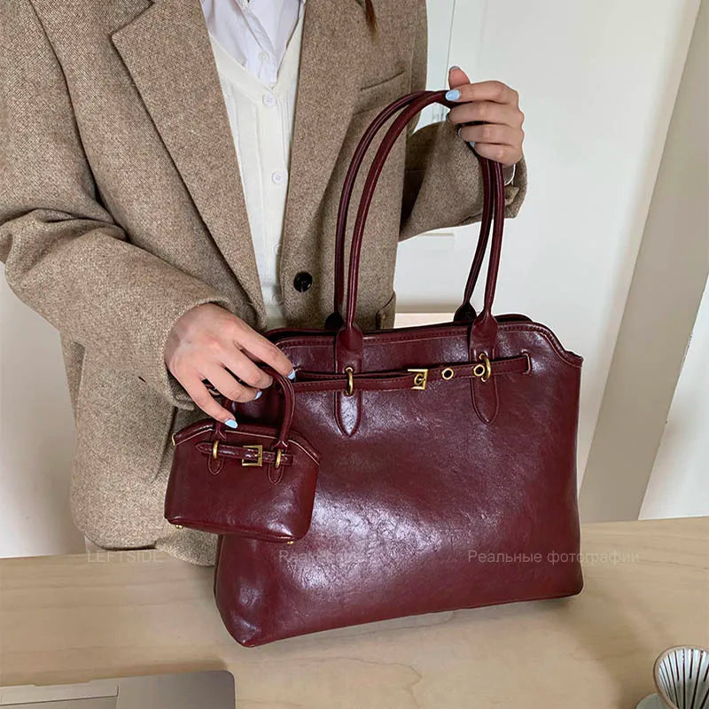 LEFTSIDE Big PU Leather Short Handle Shoulder Bag for Women 2025 Winter Luxury Tote Bag Lady Designer Retro Handbags and Purses