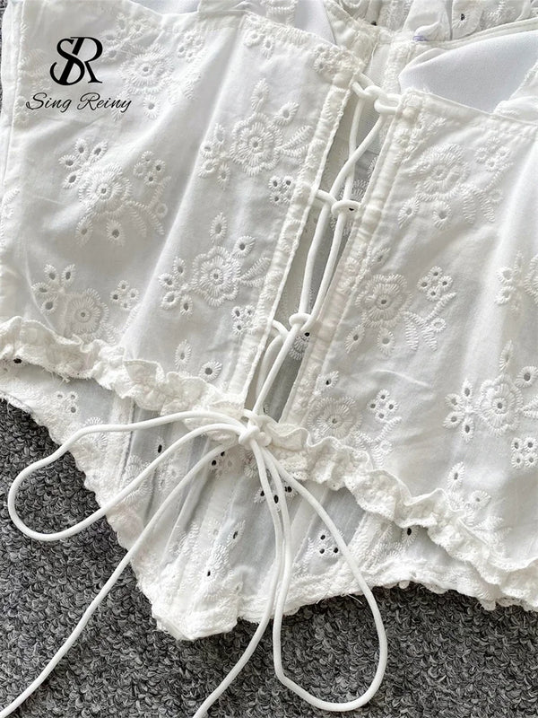 SINGREINY Floral Embroidery Lingerie Women Strap Irregular Corset Short Tank Top Sensual French Hotsweet Slim Sexy Beach Camis
