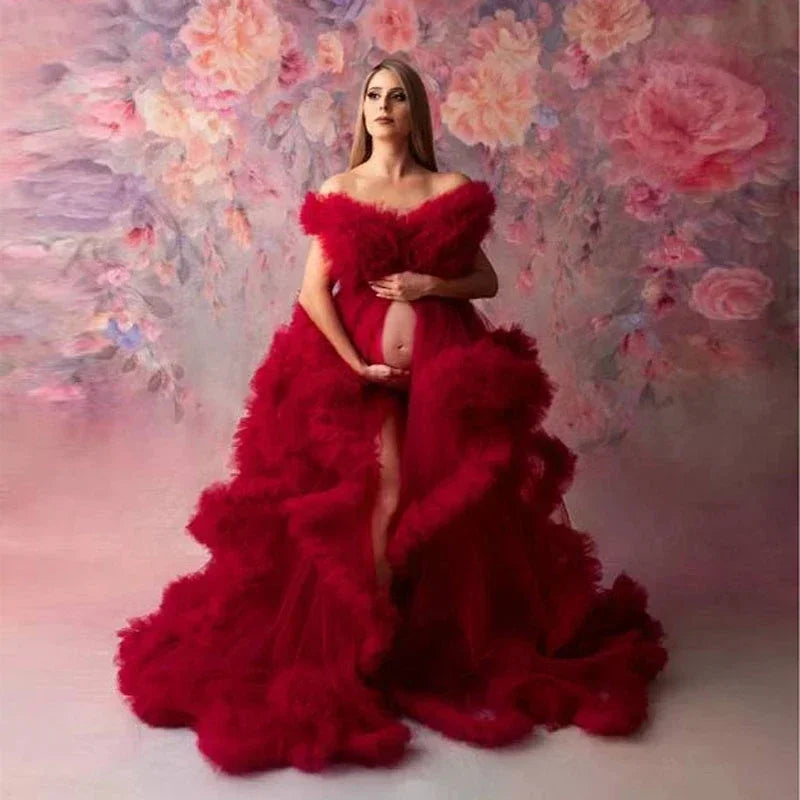 Maternity Dresses for Photoshoot Ruffles Tulle Pregnant Photo Gowns Baby Shower Off Shoulder Front Slit Bridal Sleepwear Robe