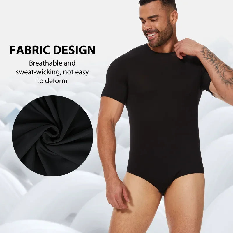 Mens Round Neck Shapewear Short Sleeve Bodysuit Press Button Crotch Underwear Tummy Control Jumpsuit High Stretch Fitness