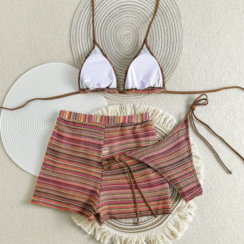 Sexy Knitted Striped Halter Tie Bikinis Sets Three Pieces | SAMAG