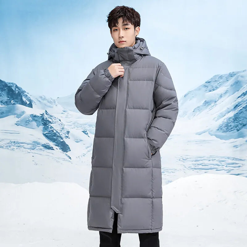 Casual Men's Long-Length Hooded Down Jackets Winter Windproof Warm Top Puffer Coats Outdoor Solid Thicken Padded Parkas Clothing