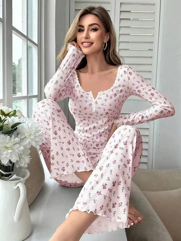 Women Autumn Winter Sleepwear Floral Print Lettuce Trim | SAMAG