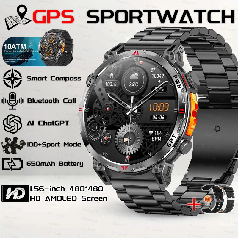 2026 New Outdoor GPS Sports Smartwatches Men Compass 10ATM Waterproof 24/7 Health Monitoring Chat GPT Bluetooth Call Smart Watch