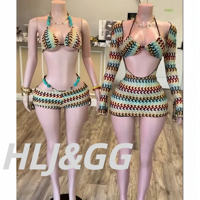 HLJ Y2K Fashion Coffee Striped Bikini Set Women Beaded | SAMAG