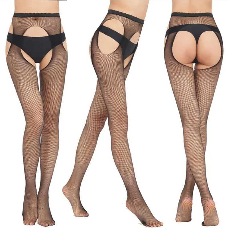 Women Long Sexy Hollow Out Fishnet Stockings Open Crotch Pantyhose Black High Waist Stocking Tights Panty Fishnet Lingerie Socks
