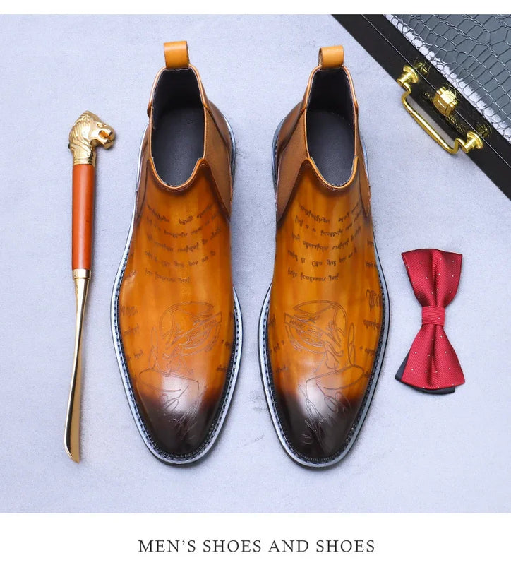 Genuine Leather Embossed Ankle Boots for Men Letter Business Formal Leather Boots Men's Chelsea Boots British Trendy Men's Boots