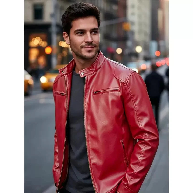 Men's PU leather jacket stand-up collar slim-fit vintage-style biker jacket spring/fall top