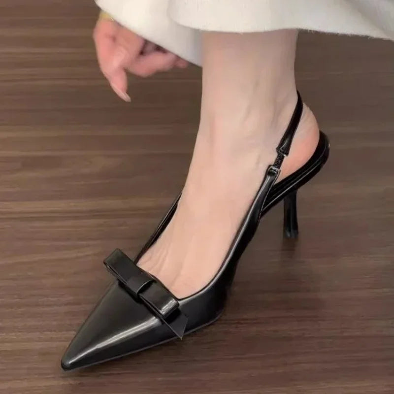 Pure Color Pointy High Heels Women's Summer New Retro Bow Thin Heels Back Empty Sandals Fashion Sexy Party Women's Shoes