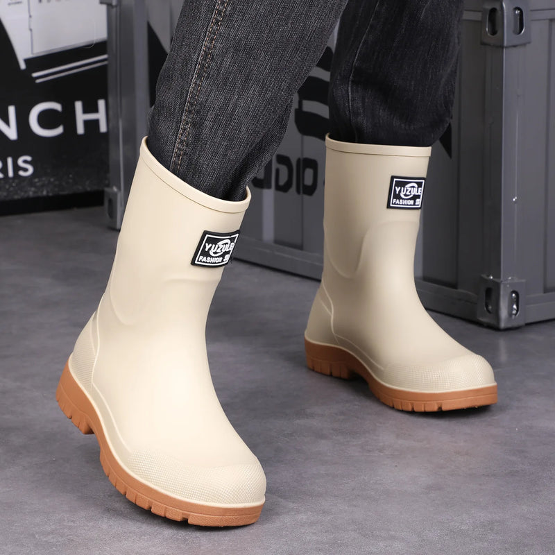 New Men's Style Rain Boots Fashion Mid-calf Waterproof Boots Work Warm Water Boots Wear-resistant Non-slip Fishing Rubber Shoes