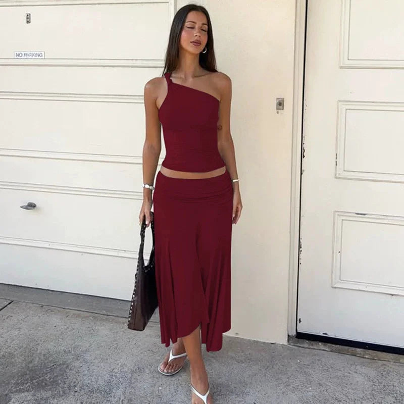 Tossy Fashion Pleated 2 Piece-Set Long Skirt For Women Off-Shoulder Cropped Pullover Top And Slim Long Skirt Sets Female Outfits