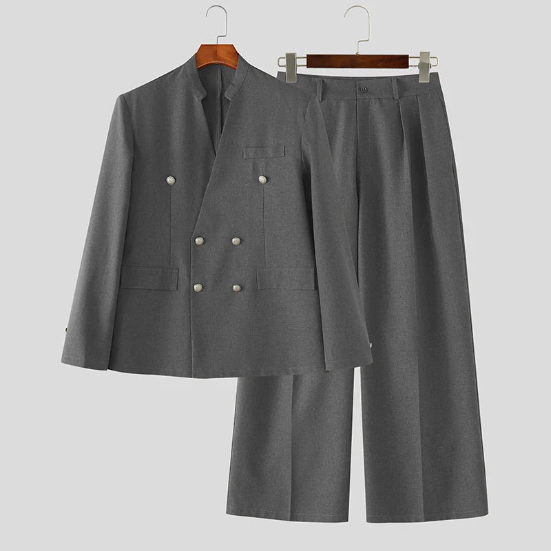 INCERUN Men's Sets Solid Color V Neck Long Sleeve Blazer Pants Two Piece Elegant Streetwear Fashion Matching - View 7 | SAMAG