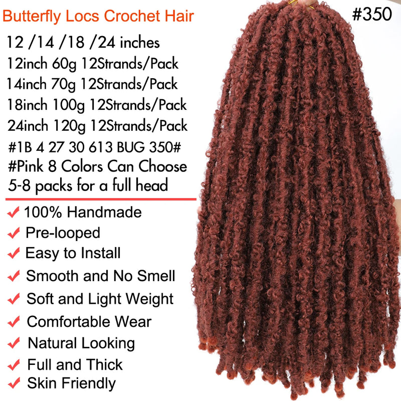 1- 8 Packs Butterfly Faux Locks Crochet Hair Boho Soft Locs Braiding Hair Distressed Pre Looped Synthetic Butterfly Locs Twists
