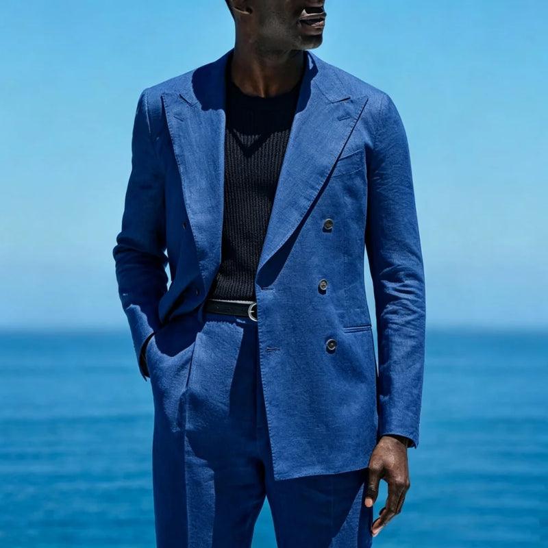 Summer Linen Double Breasted Men Suit Set Separates 2 Pieces Custom Jacket with Pants for Beach Wedding Groom Tuxedo 2026