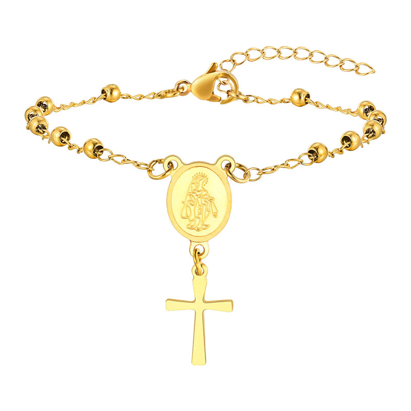 Vnox Rosary Bracelet for Women Girls, Gold Plated Stainless Steel Religious Cross and Virgin Mary Prayer - Visuel 11 | SAMAG