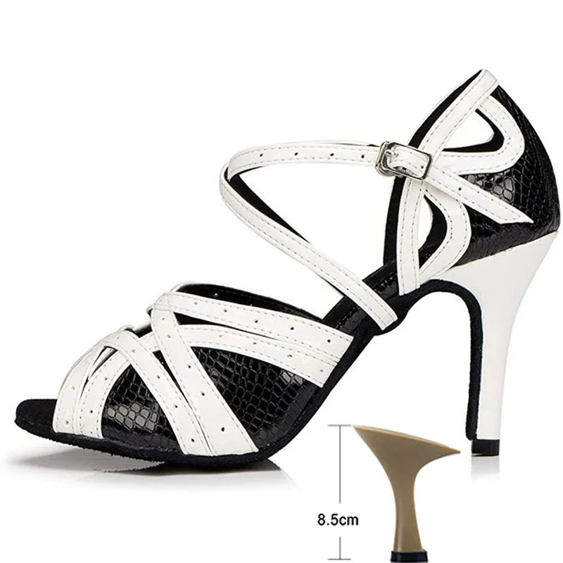 Black White Latin Dance Shoes for Womens Soft Bottom Indoor Jazz Tango Cha Cha Party High Heel Girl Dancing  Hollow Out Sandals