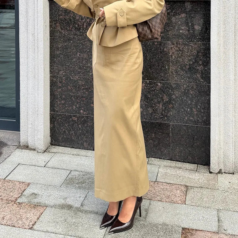 Elegant Solid Trench Skirt Set Women Lapel Double Breasted Belted Jacket A-line Maxi Skirts 2026 Autumn New Lady Fashion Outfit