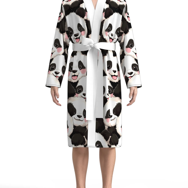 Men's soft panda print kimono bathrobe, cute cartoon national treasure pattern long-sleeved home clothes, casual nightgown