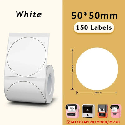 White Round Label 50x50mm/ Thermal Adhesive Roll, Black | SAMAG