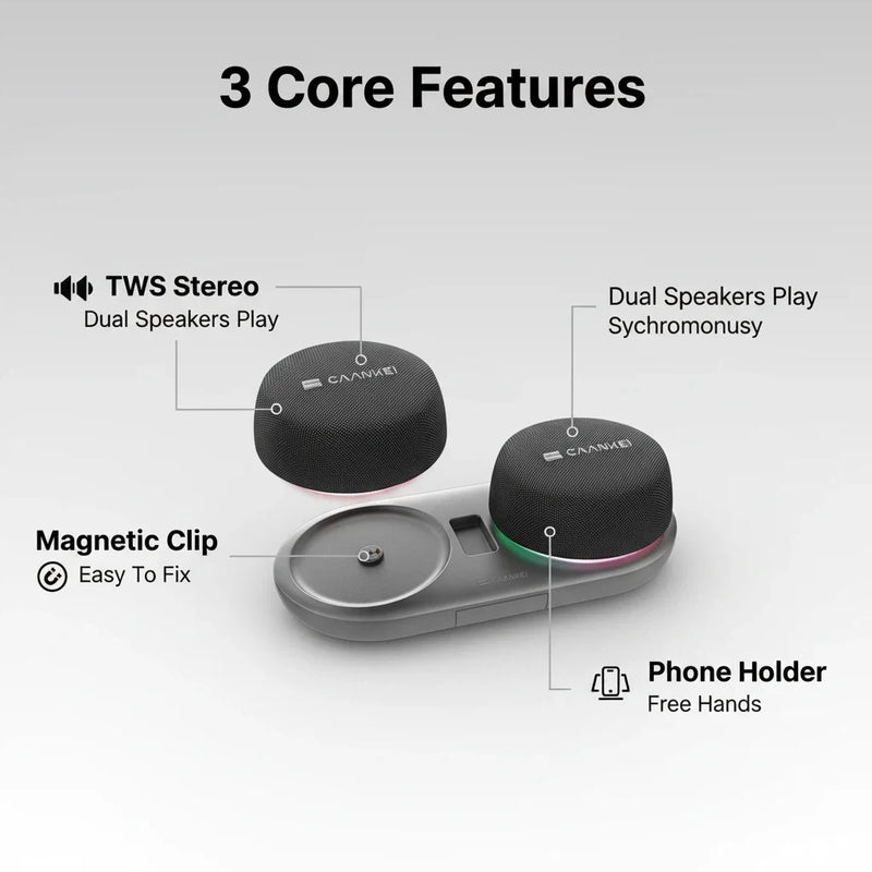 Dual Bluetooth Speaker Set with Magnetic Base & Phone Stand TWS Stereo Sound 10H Playtime RGB Music Sync Lights for Home Theater