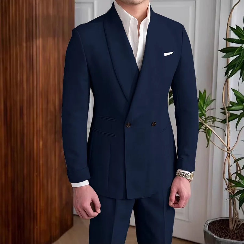 Men's Linen Suit 2-Piece Khaki Shawl Collar Double-Breasted Slim Fit Breathable Jacket and Pants Formal Set for Summer Business