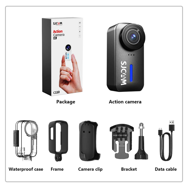 SJCAM C110 Thumb Camera 4K Waterproof 30m with Case EIS Action Camera for Vlogging Skiing Cycling Hiking Fishing Outdoor Sport