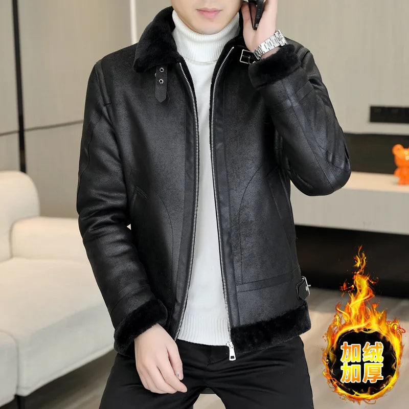 Winter Fur Leather Jacket Men Lapel Motorcycle Jacket Plus Velvet Padded Warm Casual Streetwear Social Coat Men Clothing