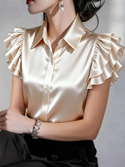 Elegant Satin Button Down Shirt for Women Ruffle Sleeve | SAMAG