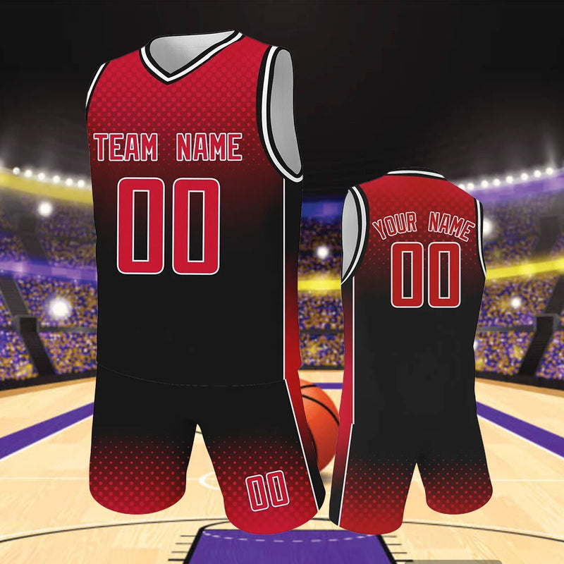 Custom Red Black Sports Basketball Training Uniforms Kids Boys Girls Basketball Jersey and Shorts Kit Printed Team Name Number