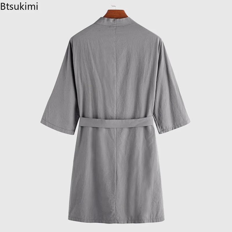 2026 Spring Autumn Men's Nightgown Cotton and Linen Robes Kimono Medium and Long Nightgown Homewear Bath Steamed Clothes Male