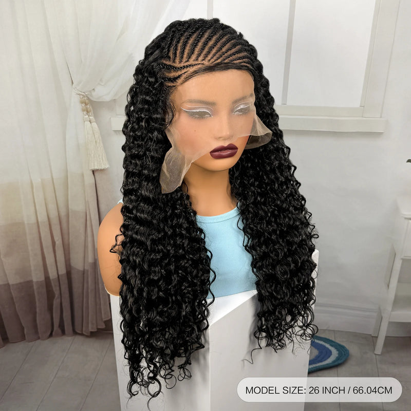 26inch Synthetic Cornrow Braided Wigs 13x4 Lace Frontal Deep Wave Curly Braiding Hair Wigs with Baby Hair for Black Women