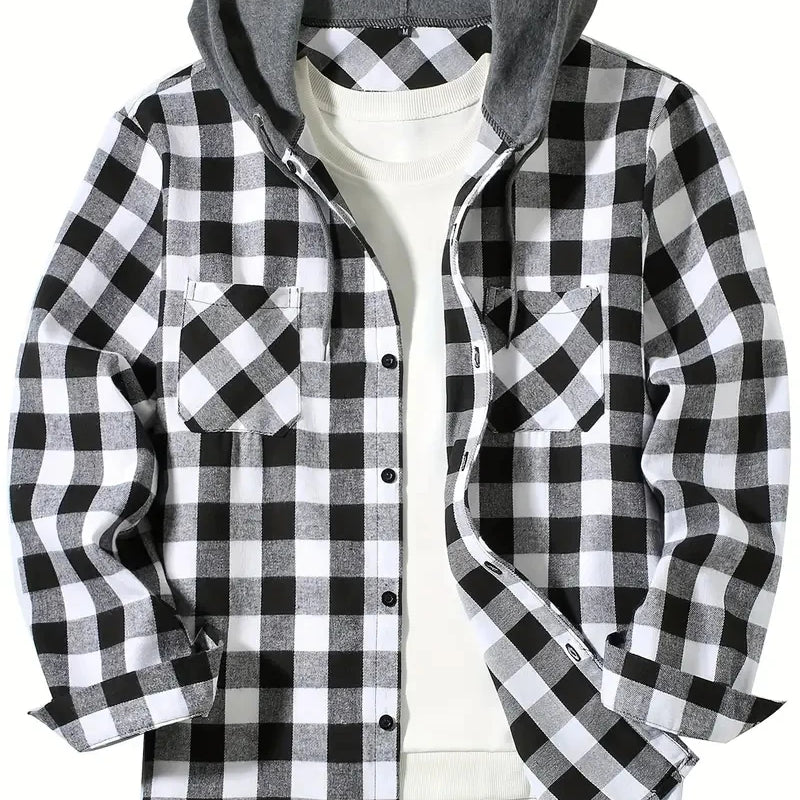 Youth Fashion Street Hooded Plaid Shirt Men's Slim Fit | SAMAG