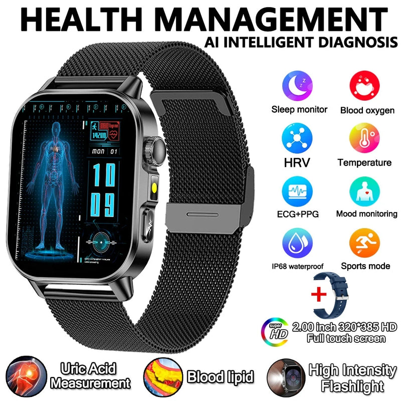 2026 New Professional-Grade Health Smart Watch Men ECG BP HR Uric Acid Lipid BMI Body Analysis Bluetooth Call Smartwatch Women