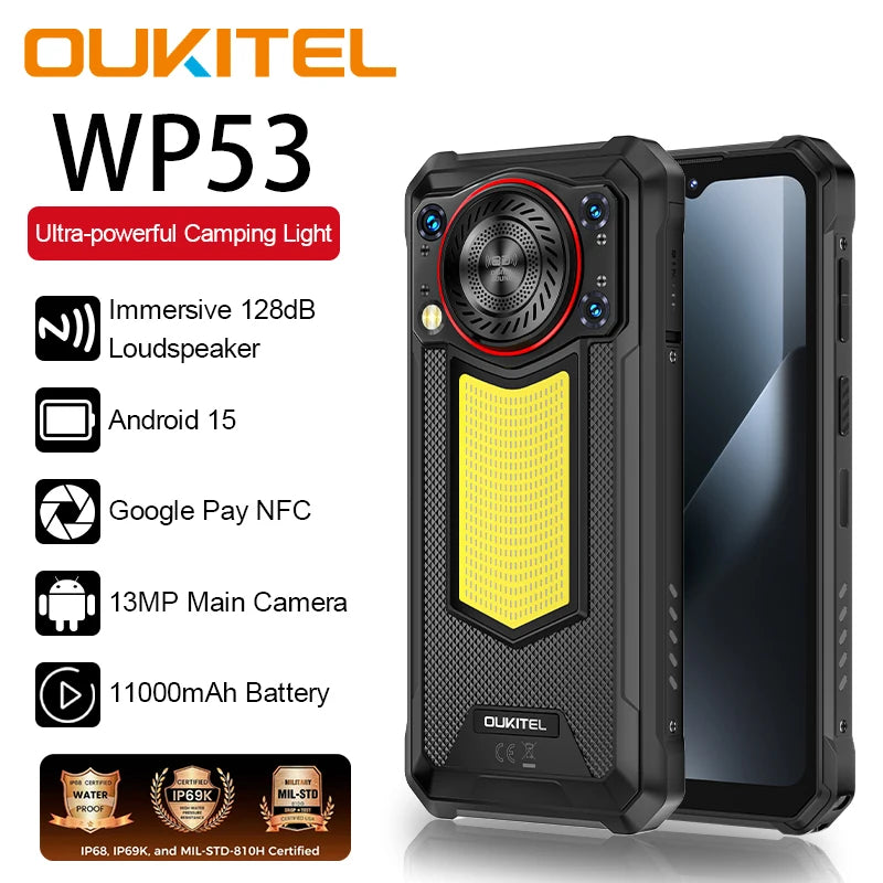 Global version Oukitel WP53 Rugged Phone 6.52" HD Camping Light Smartphone Android 15 24G(8+16)+128GB 11000mAh elephone Portable