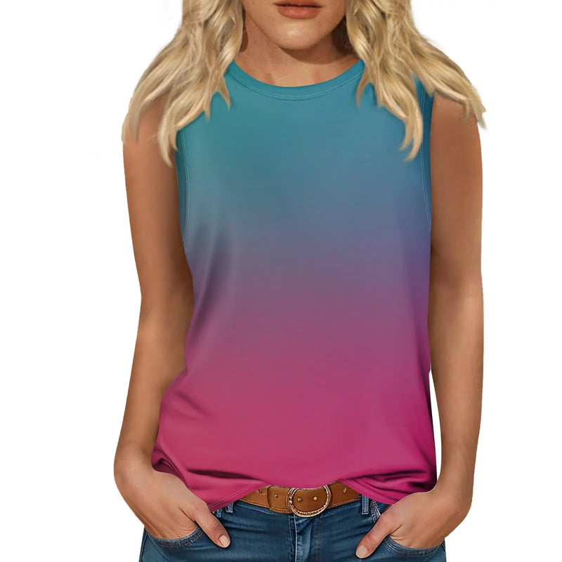 New Gradient Color 3D Print Tank Tops Women O-Neck Casual Vest Off Shoulder Y2k Sleeveless Top Harajuku Camisole Woman Clothing