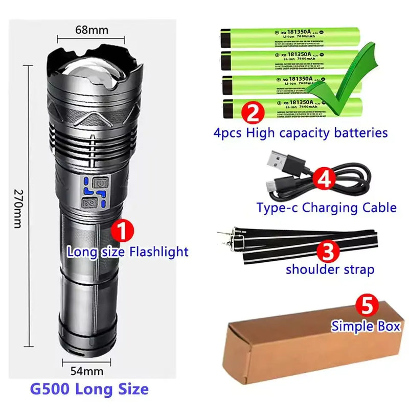 99000000LM Super Bright LED Flashlight 100W GT60 Long Range Powerful Torch Type-c Rechargeable Outdoor Flashlight Power Display