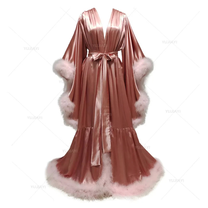 Women 's Feather Bathrobe Long Sleeves Sleepwear Bridal Robe Long Wedding Party Dressing Gown Pregnancy Photoshoot Dress