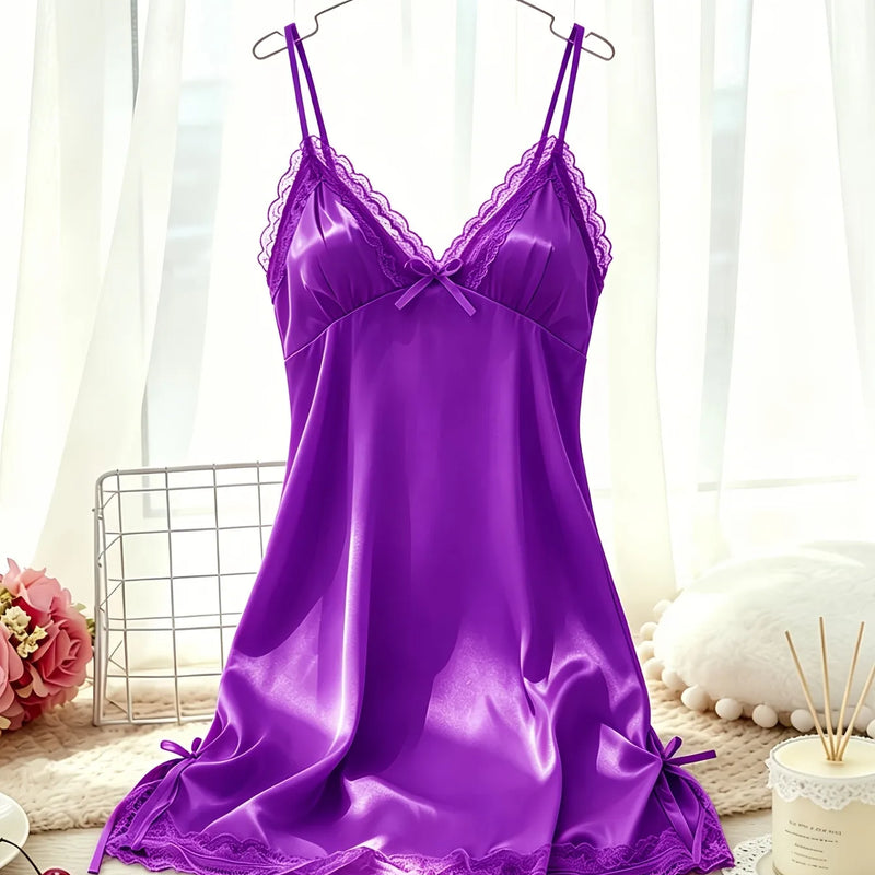 Women's Satin Cami Nightdress V Neck Lace Trim Sleepwear | SAMAG