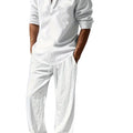 Men's White Linen Suit Set Long Sleeve Henley Shirt | SAMAG