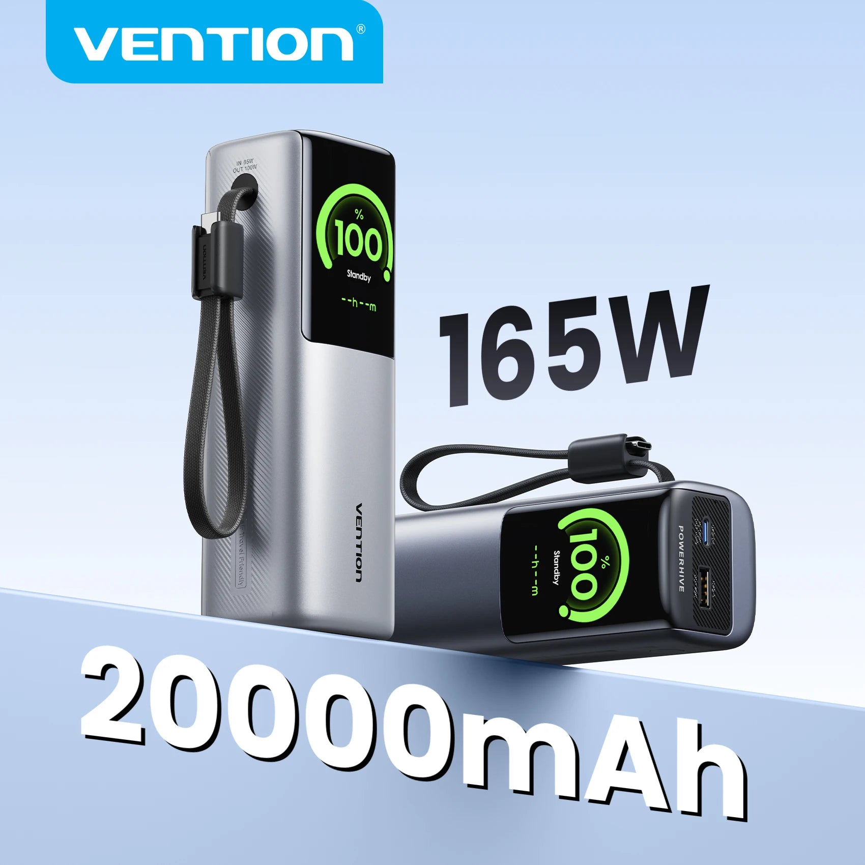 Vention 165W Power Bank 20000mAh PD 3.0 100W Max Portable PowerBank for Laptop PD Fast Charging for iPhone 17 16 Samsung S25 S24