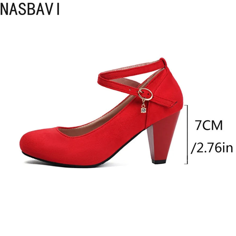 Women's High Heels Pumps Shoes Large Size 46 Ankle Strap Flock Red Black Heeled Wedding Party Office Shoes Ladies 2026 Spring