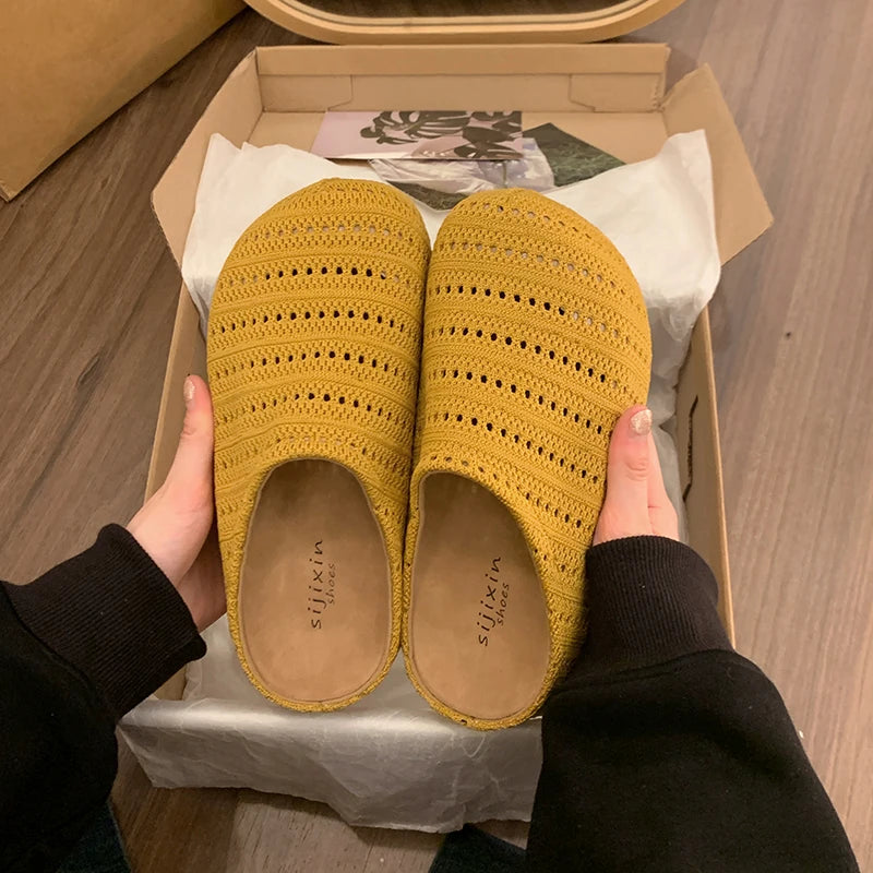 Summer Fashion Knitted Hollow Out Women Closed Toe Slip On Platform Clogs Mules Slides Breathable Casual Outdoor Shoes for Women