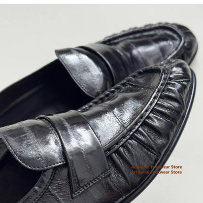 Men's Black Sin Ruched Loafers Soft Leather Sole Slip | SAMAG