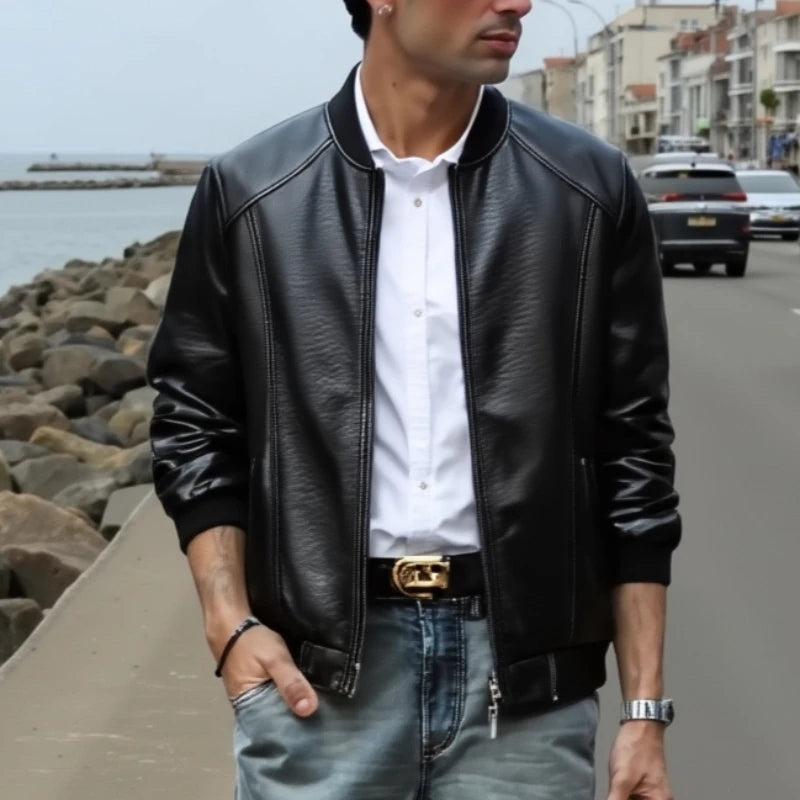 Autumn Men's Black Biker PU Leather Work Coat Korean Fashion Pu Leather Jacket Men Trend Casual Fit Slim Baseball Collar Clothes
